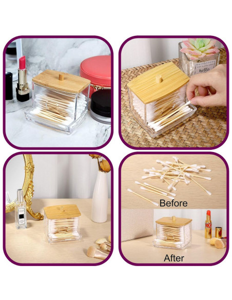 Cutie pentru Depozitare Betioase de Ureche, din Plastic si cu Capac din Lemn de Bambus, 9 x 7.5 cm