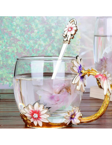 Cana Handmade Mercaton Fleur-de-Lis din Sticla Emailata, Transparenta, Termorezistenta, cu Capac, Lingurita si Farfurie, Design 