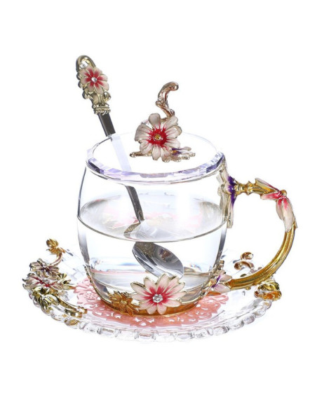 Cana Handmade Mercaton Fleur-de-Lis din Sticla Emailata, Transparenta, Termorezistenta, cu Capac, Lingurita si Farfurie, Design 