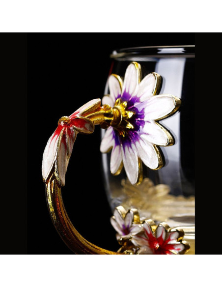 Cana Handmade Mercaton Fleur-de-Lis din Sticla Emailata, Transparenta, Termorezistenta, cu Capac, Lingurita si Farfurie, Design 