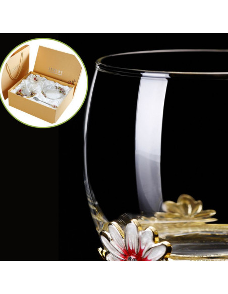 Cana Handmade Mercaton Fleur-de-Lis din Sticla Emailata, Transparenta, Termorezistenta, cu Capac, Lingurita si Farfurie, Design 