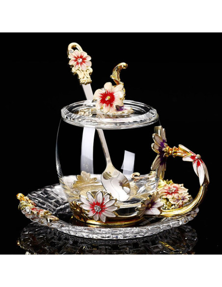 Cana Handmade Mercaton Fleur-de-Lis din Sticla Emailata, Transparenta, Termorezistenta, cu Capac, Lingurita si Farfurie, Design 