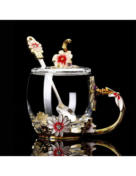 Cana Handmade Mercaton Fleur-de-Lis din Sticla Emailata, Transparenta, Termorezistenta, cu Capac, Lingurita si Farfurie, Design 