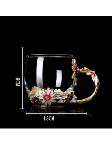 Cana Handmade Mercaton Fleur-de-Lis din Sticla Emailata, Transparenta, Termorezistenta, cu Capac, Lingurita si Farfurie, Design 