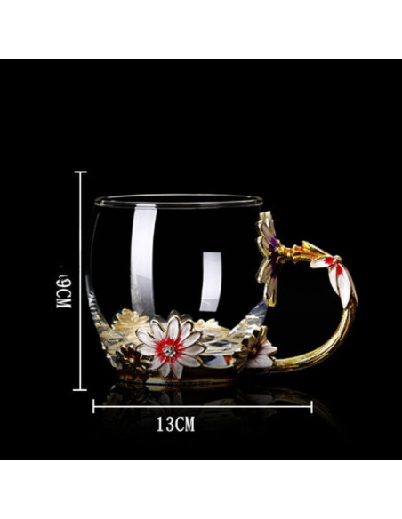 Cana Handmade Mercaton Fleur-de-Lis din Sticla Emailata, Transparenta, Termorezistenta, cu Capac, Lingurita si Farfurie, Design 