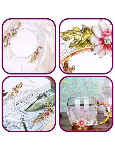 Cana Handmade Mercaton Fleur-de-Lis din Sticla Emailata, Transparenta, Termorezistenta, cu Capac, Lingurita si Farfurie, Design 