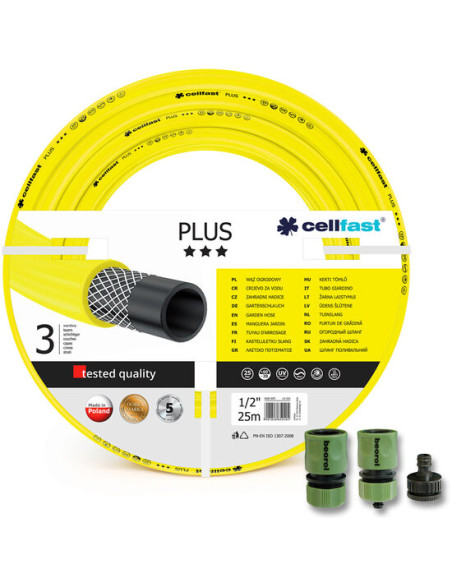 Furtun de gradina, 3 straturi, + cadou 2 cuple, 1 adaptor, 1/2", 25 m, Cellfast Plus