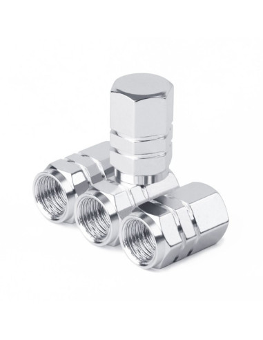 Set 4 capace hexagonale decorative pentru valva auto, Aluminiu, 1.8 cm, Argintiu