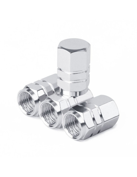 Set 4 capace hexagonale decorative pentru valva auto, Aluminiu, 1.8 cm, Argintiu