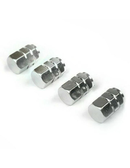 Set 4 capace hexagonale decorative pentru valva auto, Aluminiu, 1.8 cm, Argintiu