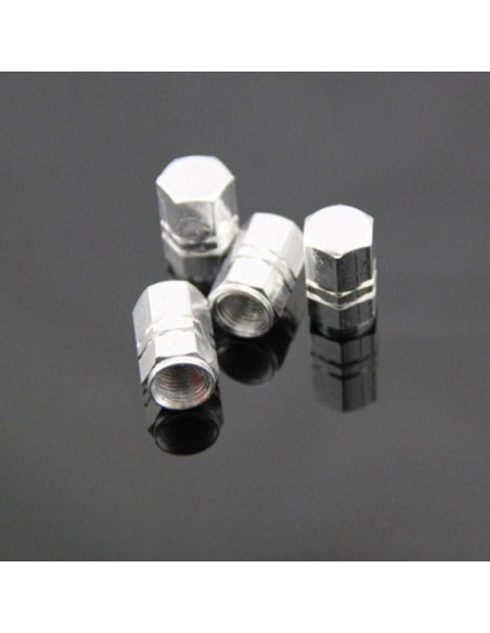 Set 4 capace hexagonale decorative pentru valva auto, Aluminiu, 1.8 cm, Argintiu