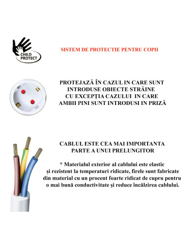Prelungitor electric cu impamantare si protectie copii, 3 prize, cablu 3m
