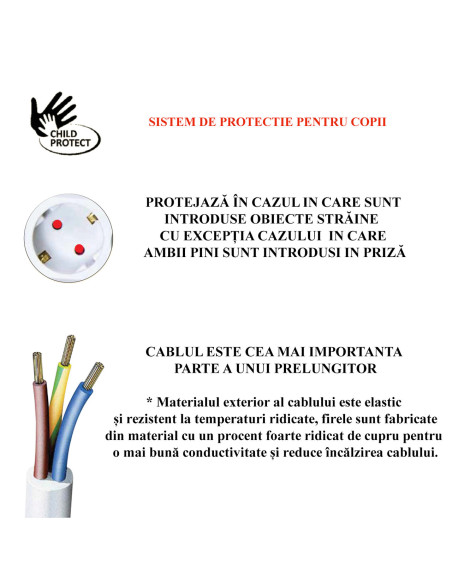 Prelungitor electric cu impamantare si protectie copii, 3 prize, cablu 3m