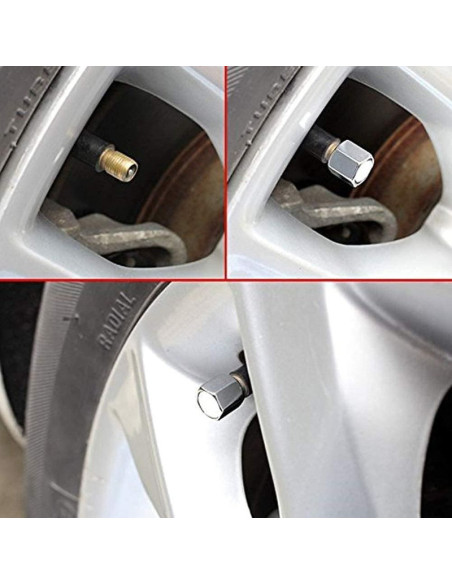 Set 4 capace hexagonale decorative pentru valva auto, Aluminiu, 1.8 cm, Argintiu