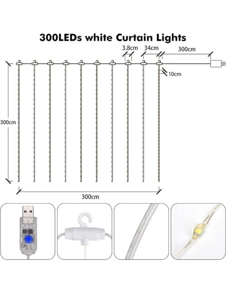 Instalatie de Craciun cu telecomanda, Perdea de lumini, 3 x 3 m, 300 LED-uri, Alb Rece
