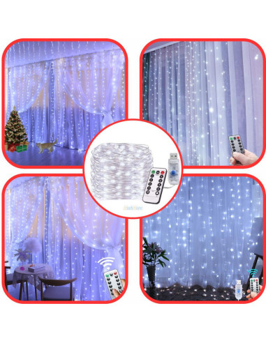 Instalatie de Craciun cu telecomanda, Perdea de lumini, 3 x 3 m, 300 LED-uri, Alb Rece
