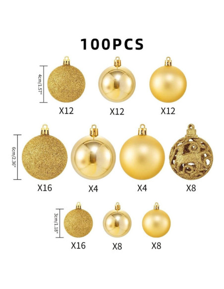Set 101 Globuri Aurii pentru bradul de Craciun, Diametre Globuri: 6/4/3 cm