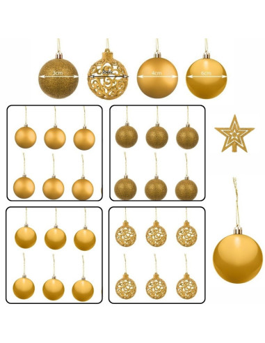 Set 101 Globuri Aurii pentru bradul de Craciun, Diametre Globuri: 6/4/3 cm