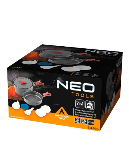 Oala si tigaie turistica, camping, aluminiu, cu accesorii, set 8 piese, NEO 
