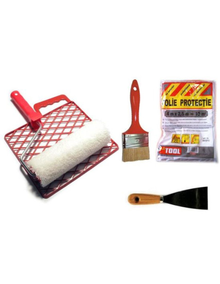 Set pentru zugravit nr. 4, rola cu gratar, spaclu, pensula, folie, Artool