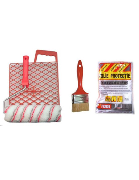 Set accesorii pentru zugravit - rola cu gratar, pensula, folie, Artool