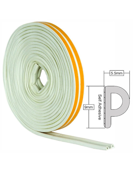 Banda Autoadeziva pentru Etansarea Usilor si Ferestrelor, Profil P, 9mm x 5.5mm, Rezistenta UV, Cauciuc EPDM, 6 m, Alb