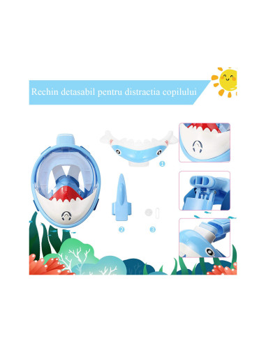 Masca snorkeling cu tub pentru copii model rechin, albastra