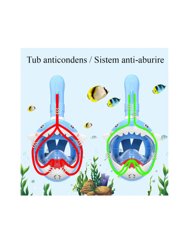 Masca snorkeling cu tub pentru copii model rechin, albastra