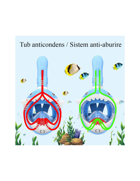 Masca snorkeling cu tub pentru copii model rechin, albastra