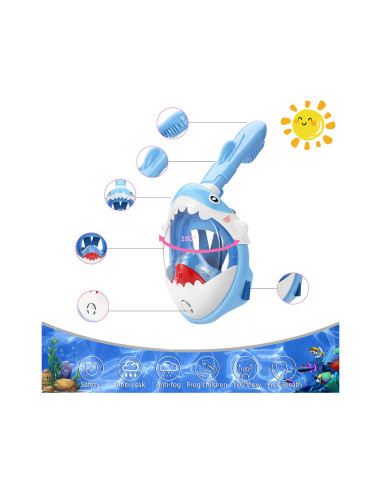 Masca snorkeling cu tub pentru copii model rechin, albastra