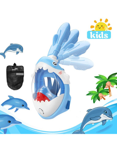 Masca snorkeling cu tub pentru copii model rechin, albastra