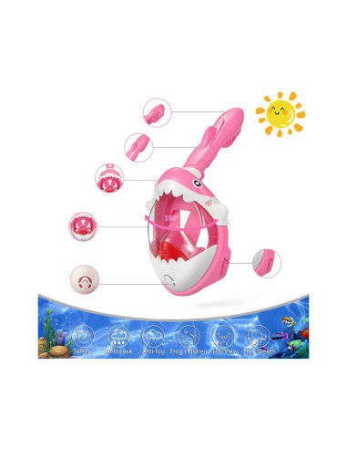 Masca snorkeling cu tub pentru copii model rechin, roz