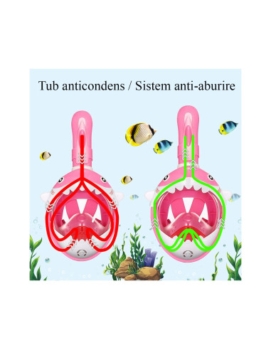 Masca snorkeling cu tub pentru copii model rechin, roz