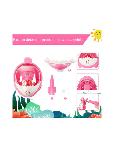 Masca snorkeling cu tub pentru copii model rechin, roz