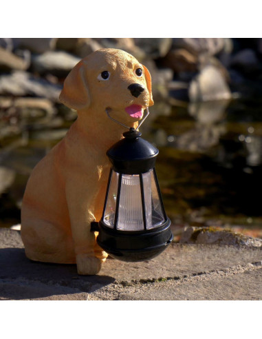 Decoratiune gradina, polirasina, lampa solara, catel cu felinar, 14x24x25 cm