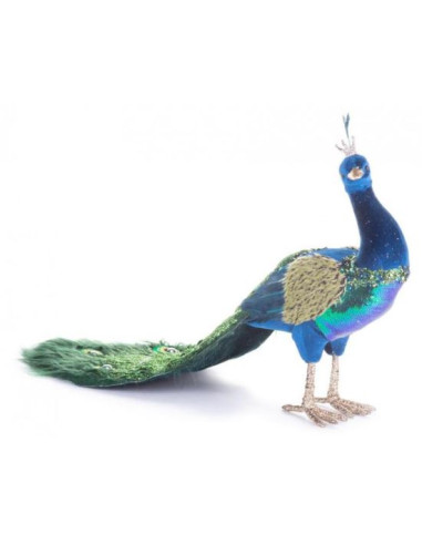 Decoratiune Craciun, paun cu puf, albastru si verde, 52x20x33 cm