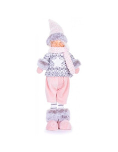 Decoratiune iarna, baiat cu caciula si bluza cu stea, roz si gri, 17x13x48 cm