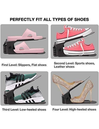 Set 6 Suporti Antiderapanti si Ajustabili pentru Depozitare o Pereche de Incaltaminte, PP, 6&21525.5&21511/17 cm, Negru