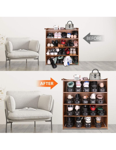 Set 6 Suporti Antiderapanti si Ajustabili pentru Depozitare o Pereche de Incaltaminte, PP, 6&21525.5&21511/17 cm, Negru