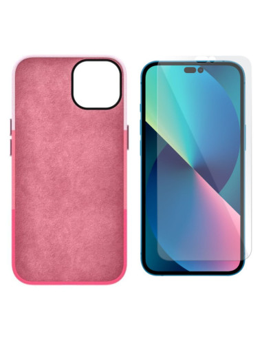 Husa de protectie cu armatura pe margini pentru Iphone 14 Pro, Piele Ecologica si Folie de Protectie 9H, Grosime 0.3 mm, Roz