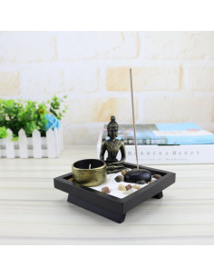 Set Decorativ cu Statuie Buddha, Suport Lumanari Bete Parfumate, Nisip, Pietre Decorative si Suport din Lemn, 12.5 x 12.5 x 3 cm