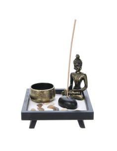 Set Decorativ cu Statuie Buddha, Suport Lumanari Bete Parfumate, Nisip, Pietre Decorative si Suport din Lemn, 12.5 x 12.5 x 3 cm 2