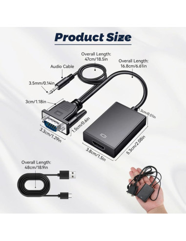 Convertor VGA la HDMI si Audio, Full HD 1080P/60Hz, Negru