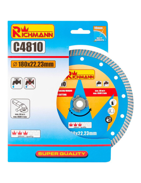 Disc diamantat turbo, beton, taiere umeda si uscata, 180 mm/22.23 mm, Richmann