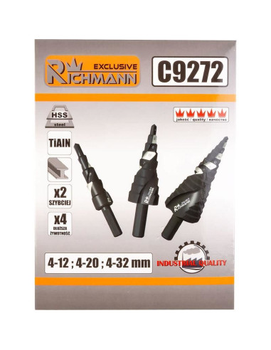 Burghie pentru metal, in trepte, profesionale, titan, set 3 buc, 4-12/20/32 mm, Richmann Exclusive