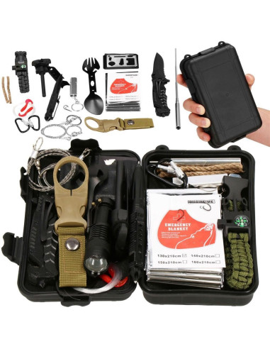 Kit turistic, supravietuire, multifunctional, cu trusa, set 21 piese, 20x11x5 cm, Springos