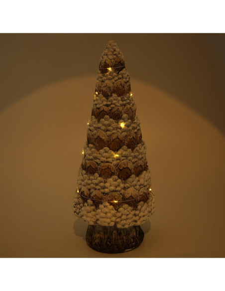 Decoratiune Craciun, ceramica, brad, alb si maro, LED, 3xAA, 17.5x17.5x42 cm
