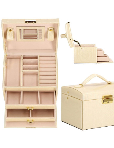 Cutie pentru bijuterii, MDF, piele ecologica si catifea, crem si roz, cu oglinda, 17.5x14x12.5 cm, Springos