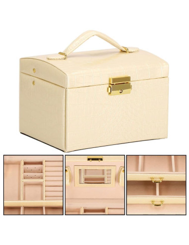 Cutie pentru bijuterii, MDF, piele ecologica si catifea, crem si roz, cu oglinda, 17.5x14x12.5 cm, Springos