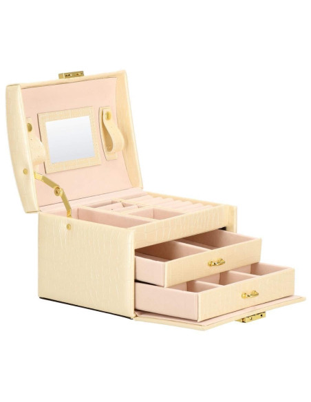 Cutie pentru bijuterii, MDF, piele ecologica si catifea, crem si roz, cu oglinda, 17.5x14x12.5 cm, Springos